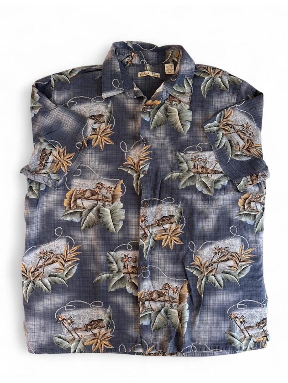 Batik Bay Aloha Shirt 2XLT Blue Gray Rayon Tiki Palm Tree Print